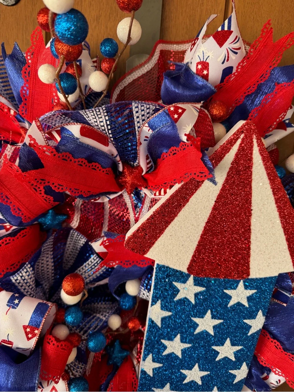 Hand Crafted Red, White & Blue Patriotic Firework Wreath
